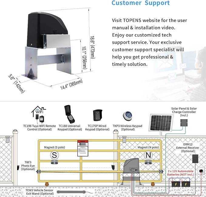 TOPENS DKC500S Solar Sliding Gate Opener Chain Drive Automatic Gate Motor for Heavy Driveway Slide Gates Up to 1300 Pounds, Electric Gate Operator Battery Powered with Solar Panel Remote Control Kit