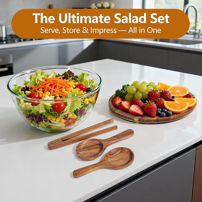 4.8QT Glass Salad Bowl Set, Lid Doubles as Charcuterie Board | 5-Piece Set, Utensils Included, Microwave Safe Glass, Dishwasher Safe, Airtight Lid, Perfect for Potlucks & Gifting