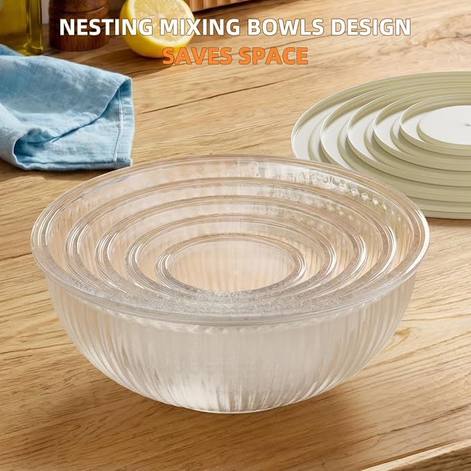 Glass Mixing Bowls with Lids Set - 5 Packs, Borosilicate Nesting Glass Bowls (3.7-2.1-1-0.5-0.2QT) for Baking, Salad, Meal Prep, Serving, Food Storage, BPA Free & Dishwasher Safe