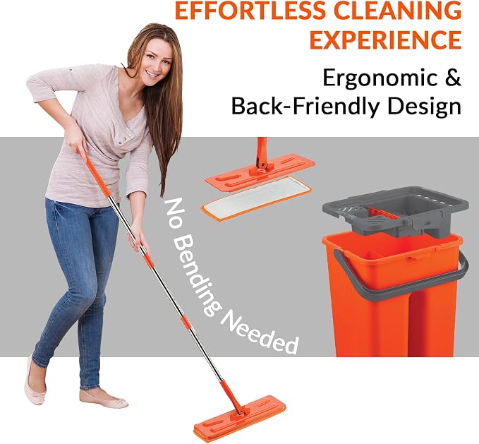 Macromax Flat Mop and Bucket Set with 9 Refills – 100% Microfiber Mop with Dual Wet & Dry Use – Slim Design for Corners & Under Furniture – Easy-Squeeze Bucket for Hardwood, Tile & Laminate Floors