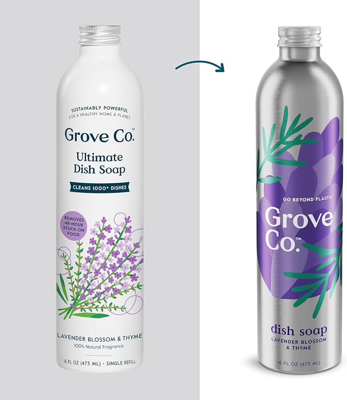 Grove Co. Dish Soap, 3 x 16 fl oz Refills, Lavender Blossom & Thyme | Plastic-Free; Refill format; Natural Fragrance; Removes Stuck on Food; 98% plant-based ingredients