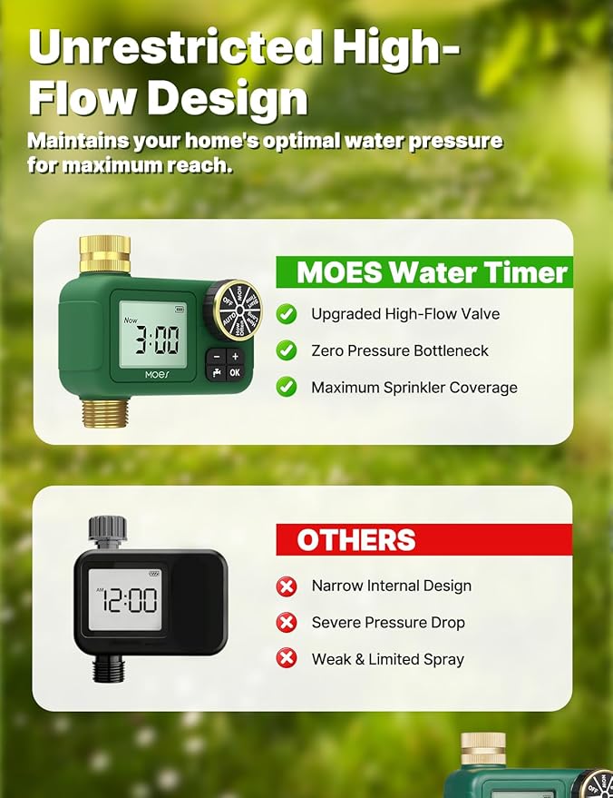 MOES 1 Zone Water Timer for Garden Hose, 3/4 in Brass Inlet and Outlet, Battery Operated Sprinkler Timer, Programmable Faucet Valve, Rain Delay, Manual Watering, Non-WiFi