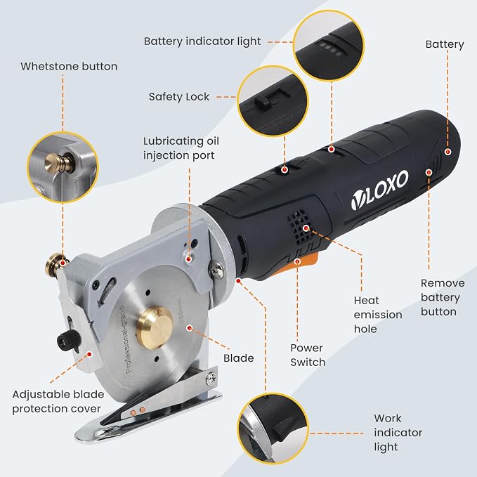VLOXO Electric Rotary Fabric Scissors Cordless Power Fabric Cutter Rechargeable Electric Scissors for Leather with Safety Lock Multi-Layer Cutter for Carpet Canvas Cotton Include Case Black