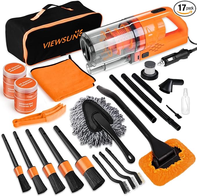 Car Cleaning Kit, Orange 17pcs Car Interior Detailing Kit with High Power Handheld Vacuum, Detailing Brush Set, Windshield Cleaner, Cleaning Gel, Complete Auto Accessories for Women Men Teens