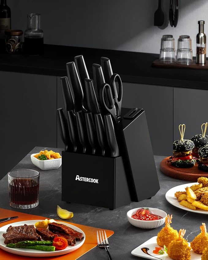 Astercook 15 Pieces Kitchen Knife Block Set with Sharpener, Black | Built-in Sharpener Block, Dishwasher Safe, German Stainless Steel, Ergonomic Handle, Kitchen Weddings Birthdays Gift