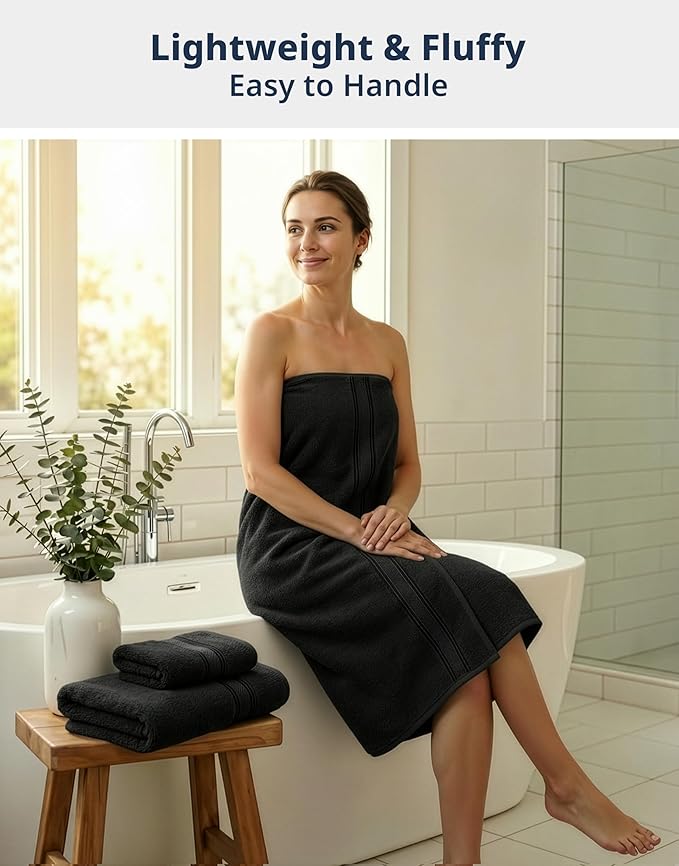 LANE LINEN Towel Set for Bathroom Soft Absorbent Quick Dry 6 Piece - Black | Set Of Towels - Dobby Border Accent, OEKO-TEX Certified, Zero-Twist Durability, Zero-Twist Cotton, Terry Weave Comfort