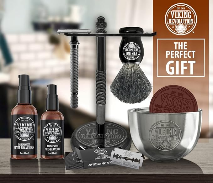 Viking Revolution Luxury Safety Razor Shaving Kit - Includes Double Edge Safety Razor, Stand, Bowl, After-Shave Balm, Pre-Shave Oil, Badger Brush - Safety Razor Kit