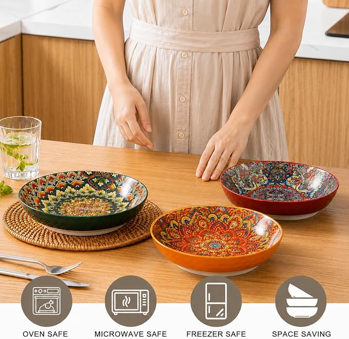 32 oz Pasta Bowls Set of 6, Large Ceramic Colorful Deep Plates, Bohemian Style Soup Salad Bowls, Dishwasher & Microwave Safe for Kitchen, Boho Vibrant Dinnerware