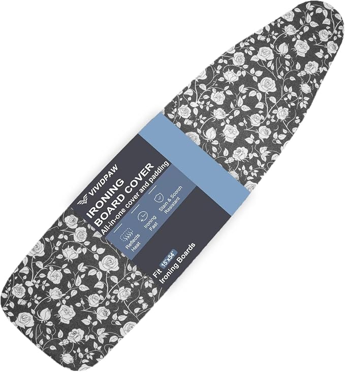 VividPaw Ironing Board Cover and Pad, Standard Size 15x54, Thick Padding, Elastic Edge, Resist Scorching, Adjustable Fastener, Heavy Duty Floral Iron Board Covers (Rose)