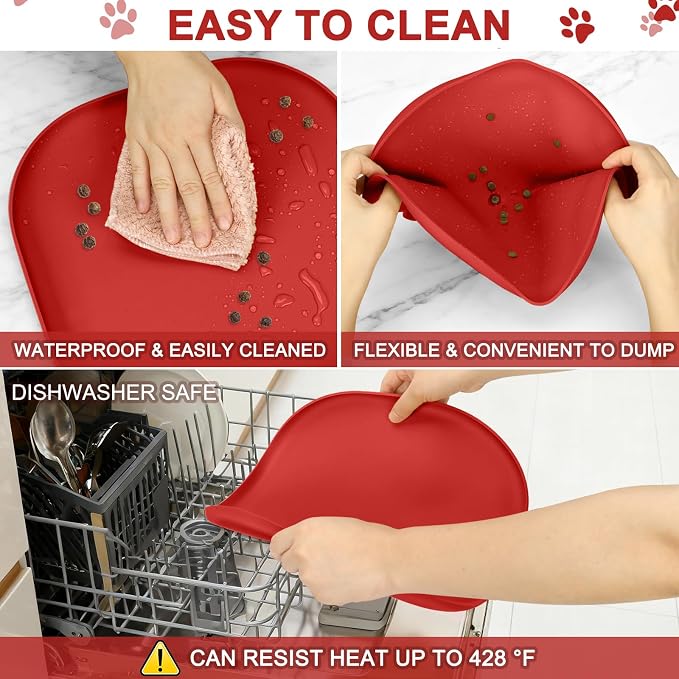 SMILOOL Waterproof Silicone Pet Food Mat with Raised Edge for Dog & Cat | 12" x 12" Non-Slip Small Pet Feeding Mats with Lip for Food & Water Bowl, Food Grade, Easy Cleaning, Red