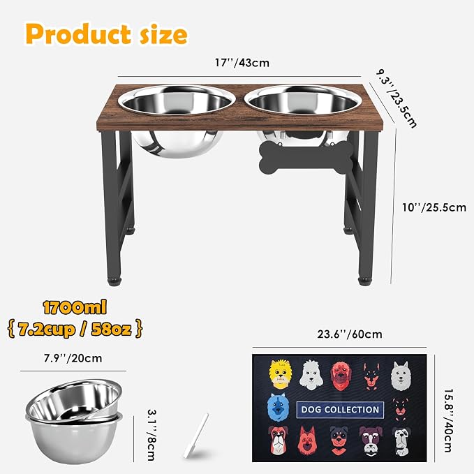 10" Tall Elevated Dog Bowls, Wooden & Metal Raised Dog Bowl Stand with 2 Stainless Steel Bowls-1700ml Capacity & Non-Slip Mat, Easy-Clean for Indoor/Outdoor Use