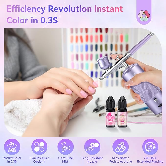 SAVILAND Advanced 30 PSI Airbrush Kit: Purple AirBrush for Nails 0.3s Instant atomization Three-Mode Limitless Nail Art Creativity & Salon-Perfect Instant Color Nail Airbrush Machine for Ombre French