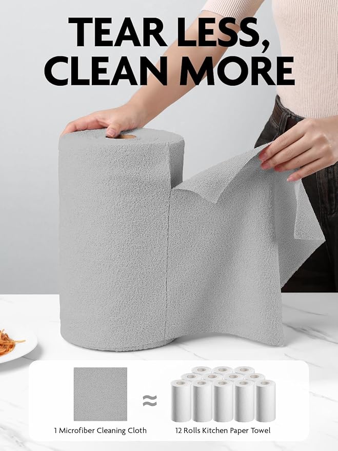 Fantasticlean Microfiber Cleaning Cloth Roll -150 Pack, Tear Away Microfiber Towels, 12" x 12", Reusable, Washable, Ultra Absorbent Dishcloth for All-Around Cleaning Supplies (2 Rolls of Grey)