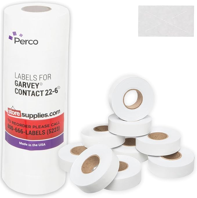 Perco White Price Marking Labels - 11,000 Blank Labels for Garvey Contact 22-6/22-7/22-8 Price Gun with Ink Roll Included - 9 Rolls, 1 Sleeve - Made in USA