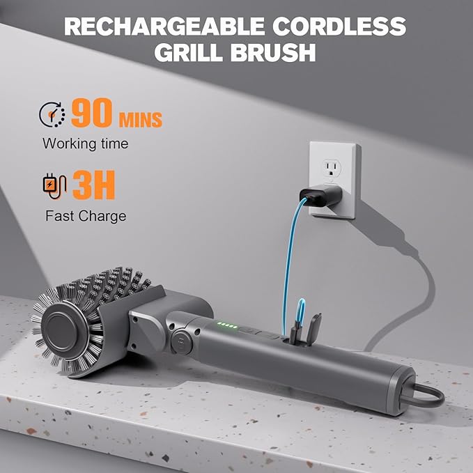 Electric Grill Brush, Cordless Rechargeable Electric Grill Cleaner with 2 Heads, 3 Speeds, Angle Adjustable, 150-Min Runtime BBQ Brush for Outdoor Barbecue Grates