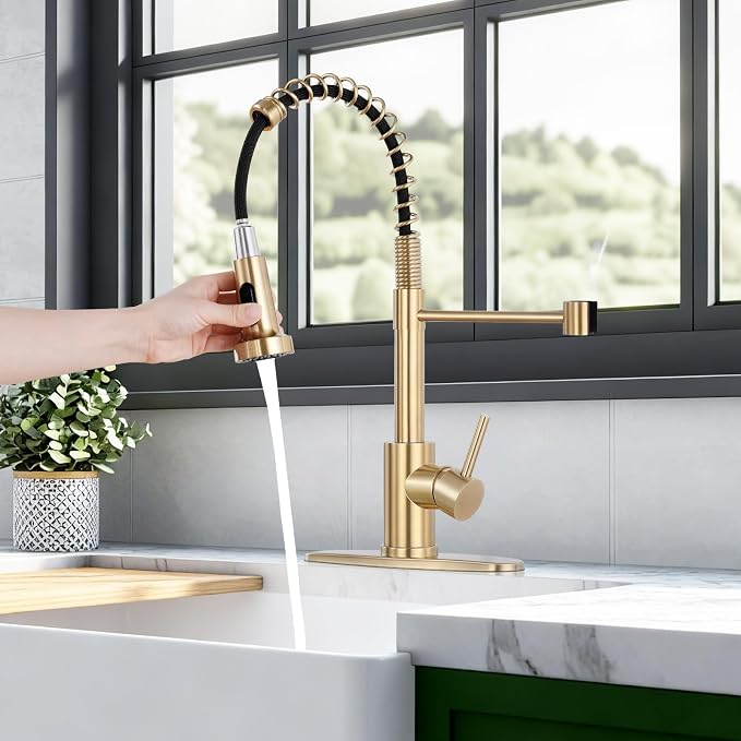 Kitchen Faucet with Pull Down Sprayer, Brushed Gold | 2-mode sprayer, 360° high arc spout, 304 SS build, drip-free valve, fingerprint-resistant, DIY install, NSF certified