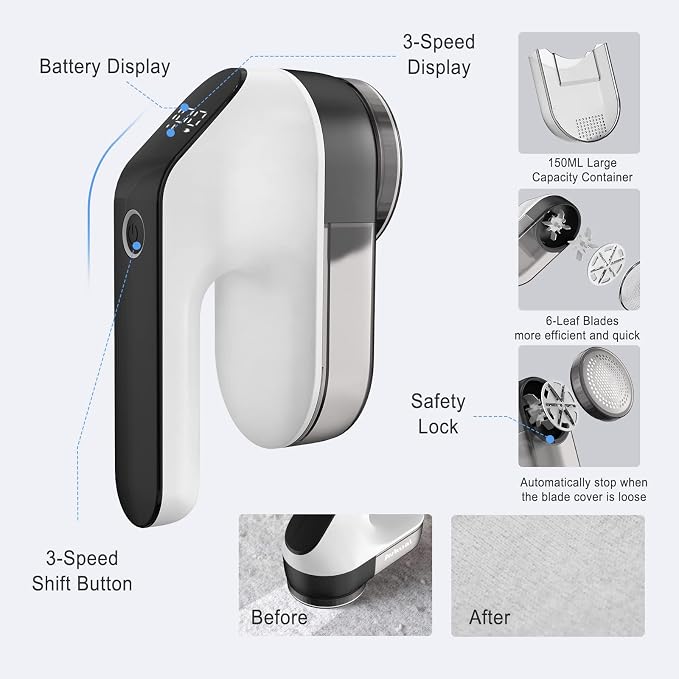 Fabric Shaver and Portable Electric Lint Remover - Sweater Defuzzer with 3-Speeds, 2 Replaceable Stainless Steel Blades, Remove Couch and Clothes Fuzz, Lint Balls, Pills (Black)