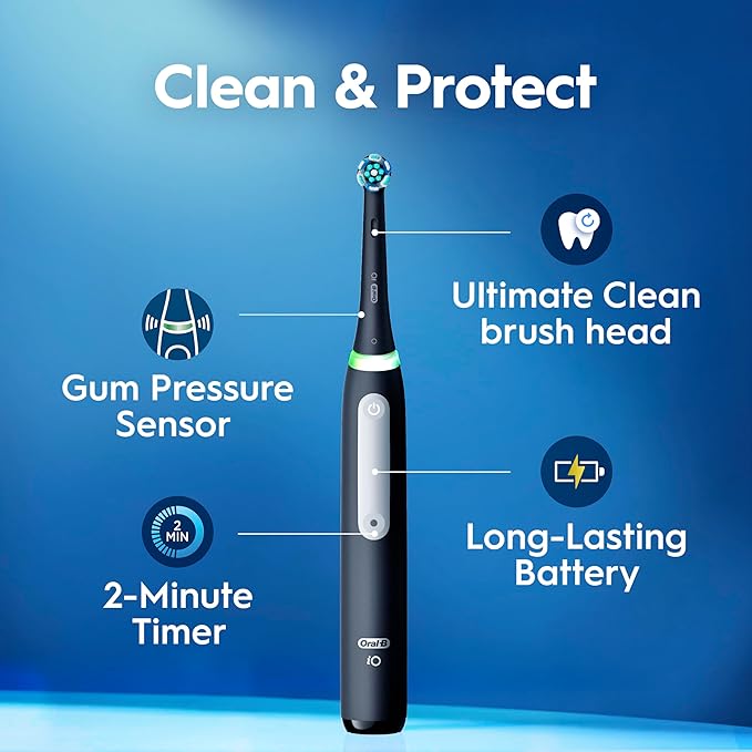 Oral-B Rechargeable Electric Toothbrush, iO3 Limited Deep Clean, 3 Cleaning Modes, Visual Pressure Sensor to Protect Gums, 2 Brush Heads, Travel Case, White