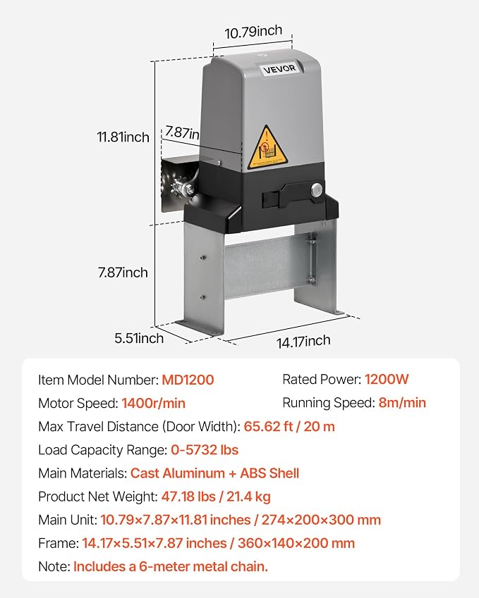 VEVOR Automatic Gate Opener, 1200W Electric Sliding Gate Opener for Doors up to 65.6ft 5732lbs, Chain Drive Rolling Door Motor with Infrared Sensor & 2 Remote Controls, Driveway Gates Opening System