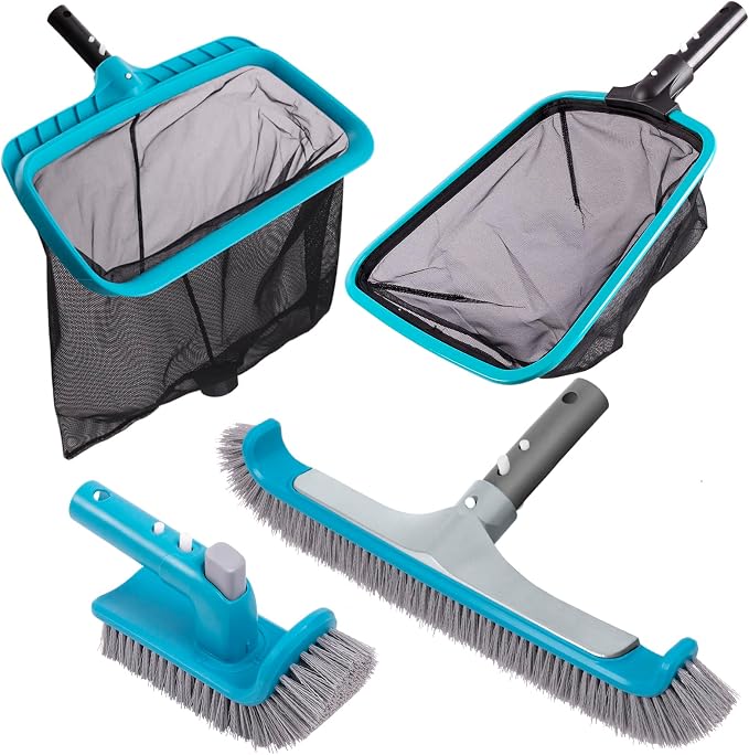 Sepetrel 4-Piece Pool Cleaning Kit, 17.5" Curved Wall Brush, Rotatable Hand Scrubber, Deep Bag Leaf Rake and Flat Skimmer Net (Pole Not Included) for Above Ground and Inground Pools