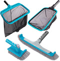 Sepetrel 4-Piece Pool Cleaning Kit, 17.5" Curved Wall Brush, Rotatable Hand Scrubber, Deep Bag Leaf Rake and Flat Skimmer Net (Pole Not Included) for Above Ground and Inground Pools