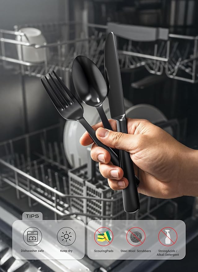 Black Silverware Set, 20-Piece Flatware Set Service for 4, Durable Stainless Steel, Mirror Polished Tableware Eating Cutlery Set, Kitchen Utensils Set with Steak Knives, Dishwasher Safe
