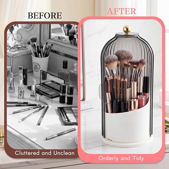 Novabright 4 Pack Makeup Brush Holder with Lid 360° Rotating Makeup Brush Organizer with 3 Compartments Dustproof Cosmetic Storage for Vanity Bathroom Countertop(Transparent Black)