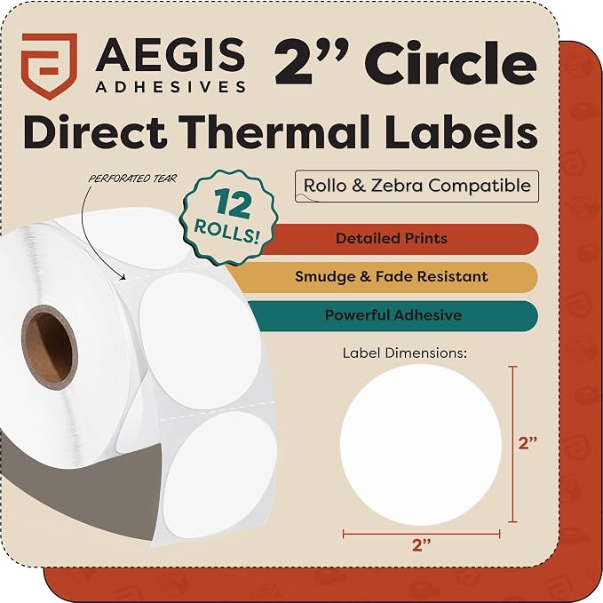 Aegis Adhesives - 2" Circle Direct Thermal Labels (9000 Count, 12 Rolls) - Round Thermal Stickers, 2 Inch Circle Labels for Logos, Packaging, Branding - Compatible with Zebra and Rollo Printers