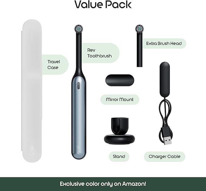 Quip Rev Oscillating Rechargeable Electric Toothbrush with Extra Brush Head - Soft Bristles, Pressure Sensor, 3 Intensities, 30-Day Battery Life, 2-Min Timer, Travel Case, Mirror Mount - Blue Stone