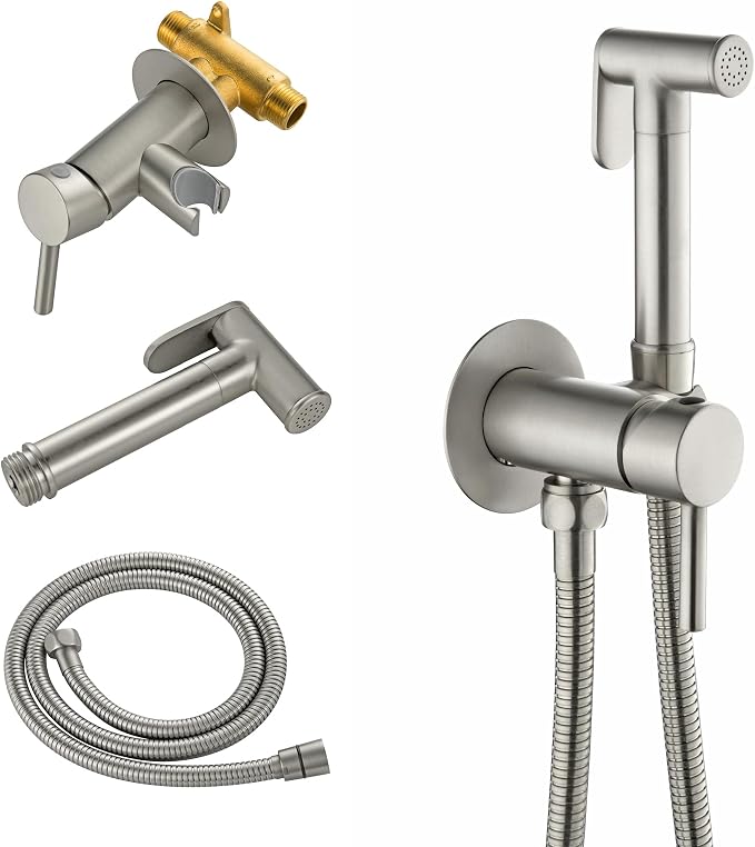 SHAMANDA Warm Water Bidet Sprayer for Toilet with Hot and Cold Brass Rough-in Valve, Stainless Steel Round Handheld Bidet Attachment Set for Feminine, Pets and Baby Diaper Wash, Brushed Nickel