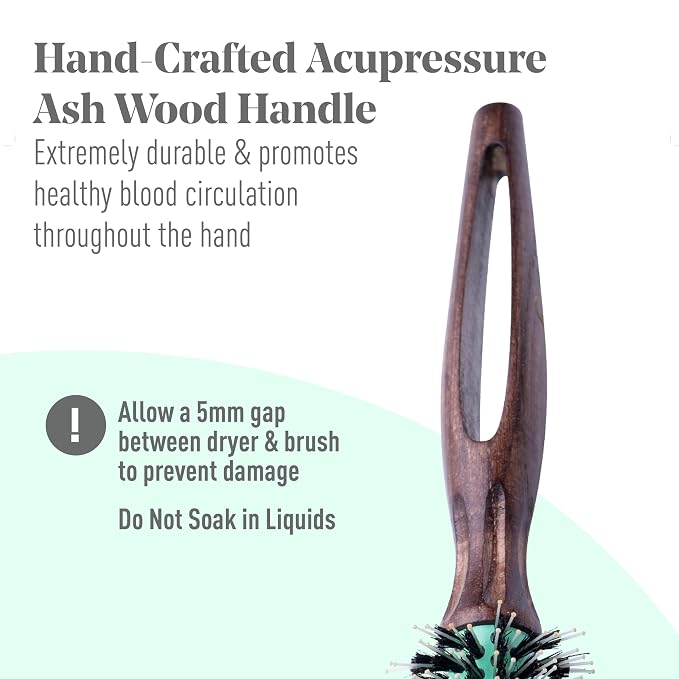 MINT Eco-Friendly Boar Bristle Round Brush for Blow Drying | Durable Blowout Styling for All Hair Types | Ceramic Round Brush with Hand-Crafted Wooden Handle (40 mm)
