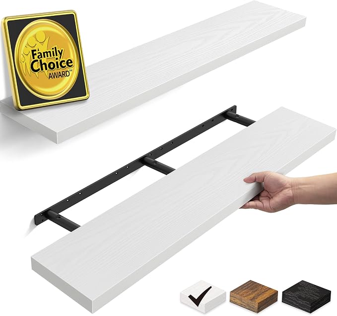 BAYKA Floating Shelves, 47.2 inches Long Heavy Duty Wall Mounted Rustic Wood Shelves for Bathroom, Bedroom, Living Room, Kitchen, Office, Hanging Shelf for Books/Storage/Decor(White,Set of 2)