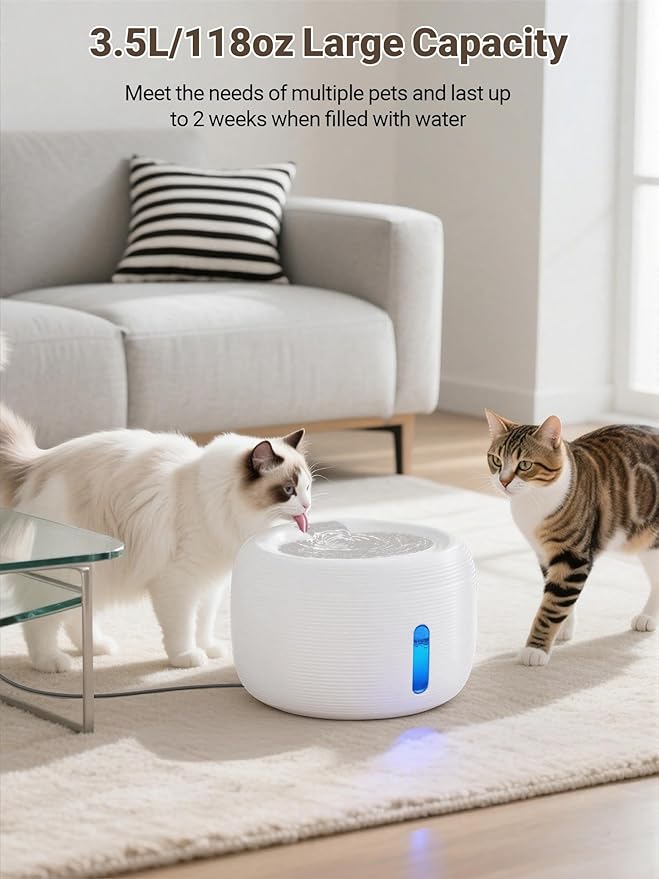 SIBAYS 3.5L Cat Water Fountain, 118oz Large Capacity Pet Water Fountain for Cats Indoor, Automatic Quiet Cat Fountains for Drinking, Dog Water Bowl Dispenser with Visible Window& LED Light(FS77,White)