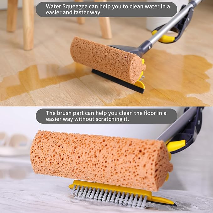 Yocada Collapsible Plastic Bucket Mop Bucket and Sponge Mop Kit Home Commercial Tile Floor Bathroom Garage Cleaning with Total 2 Sponge Heads Telescopic 42.5-52 Inches Easily Dry Wringing Yellow