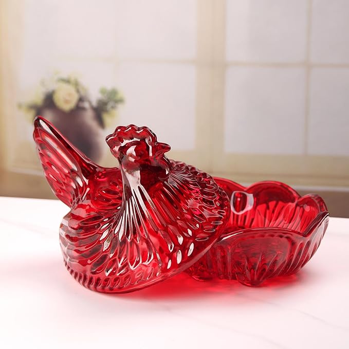 Crystal Glass Hen-Shaped Candy Server,Pastoral Style Candy Bowl with Lid,Red Tabletop Decor Dessert Plate Snack Bowl Egg Tray