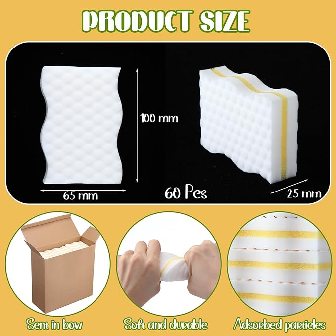 SiliFine 60 Pack Magic Extra Durable Sponge Eraser 3 Layer Density Cleaning Pads in Bulk Thick More Lasting Sponge Eraser for Bathroom Kitchen Floor Bathtub Toilet Cleaner(Yellow and White)
