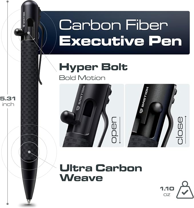 BASTION Bolt Action Pen, Carbon Fiber Jet Black, HyperBolt EDC Pen, Refillable Lightweight Writing Pen, Premium Graduation Gift, Executive Pocket Pen