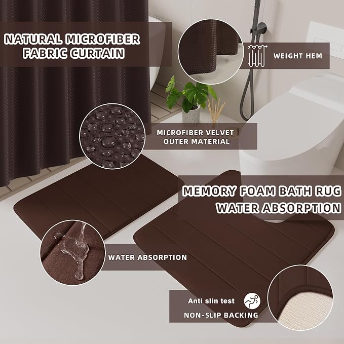 XLHOMO Bathroom Accessories Set - 25PC Brown Bathroom Set, Bathroom Set with Shower Curtain and Rugs, Brown Shower Curtain Set, Toilet Brush, Bathroom Trash Can