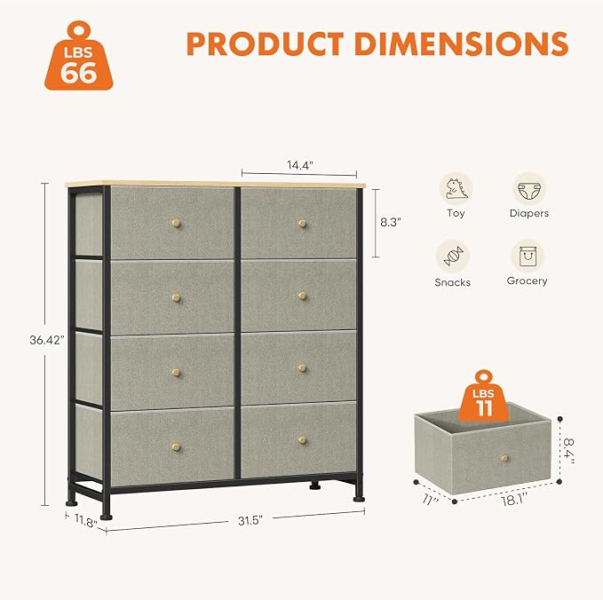 Sweetcrispy 8 Drawer Dresser for Bedroom Tall, Organizer Storage Drawers | Fabric Storage Tower, Chest of Drawers with Steel Frame, Wood Top for Living Room, Closet, Dark Green