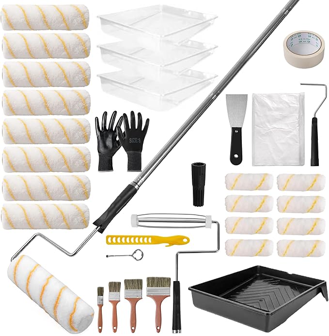 SOUTHGATE 33PCS Paint Roller Kit with 4-Section Pole(1-5 FT) – Heavy Duty Handles, 4" 9" Paint Rollers, Drop Cloth & Brushes Set – House Painting Tools for Home Renovation by DIYers & Pros