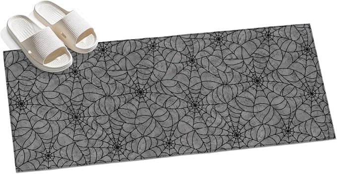 Hallway Runner Rug 2'x6', Grey Halloween Washable Bathroom Area Rugs for Kitchen Bedroom Laundry, Black Spiders Net Classic Gingham Non Slip Door Mat Indoor Entrance Floor Throw Bedsides Carpet