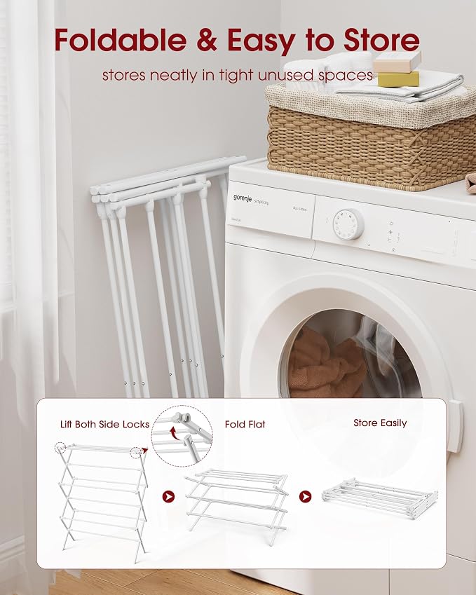 Sakugi Foldable 3-Tier Clothes Drying Rack 37.4" H with Non-Slip Feet | Indoor & Outdoor Use, Space Saving, Metal Frame, 11.4" D x 29.1" W, White