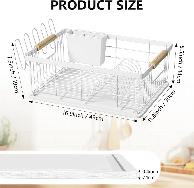 Dish Drying Rack White with Diatomaceous Earth No Installation Required | Space Saving with Cutlery Cups Holder