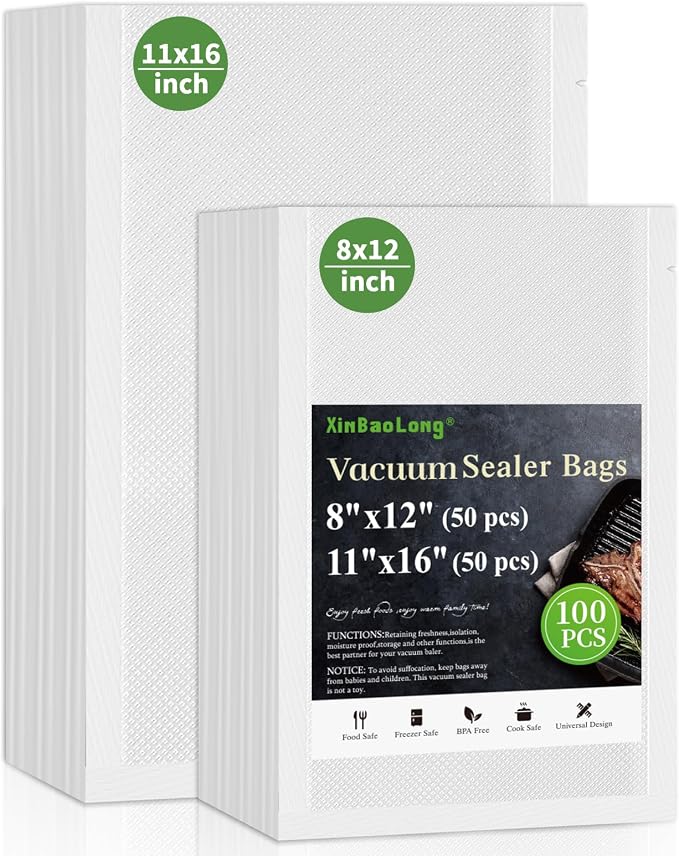 Vacuum Sealer Bags, 11"x16" Gallon & 8"x12" Quart, 100 Pcs | Commercial Grade, BPA Free, Sous Vide Cooking, Puncture Prevention, Customized Size, Kitchen Essentials