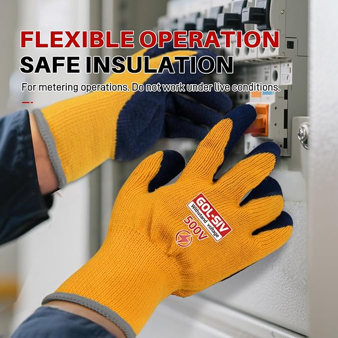 Electrical Insulated Gloves, 500V High Voltage Resistance Electrician Safety Gloves, Rubber Non Slip Work Gloves (500V|Poly-Cotton Insulated, Large)