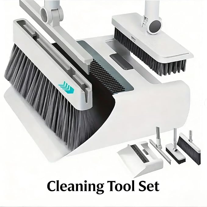 4-in-1 Broom and Dustpan Set with Floor Scrubber & Squeegee, 180° Rotatable Head, Self-Cleaning Teeth, Non-Stick Hair, Foldable Storage, Heavy Duty Cleaning Kit for Home Kitchen Office (Gray)