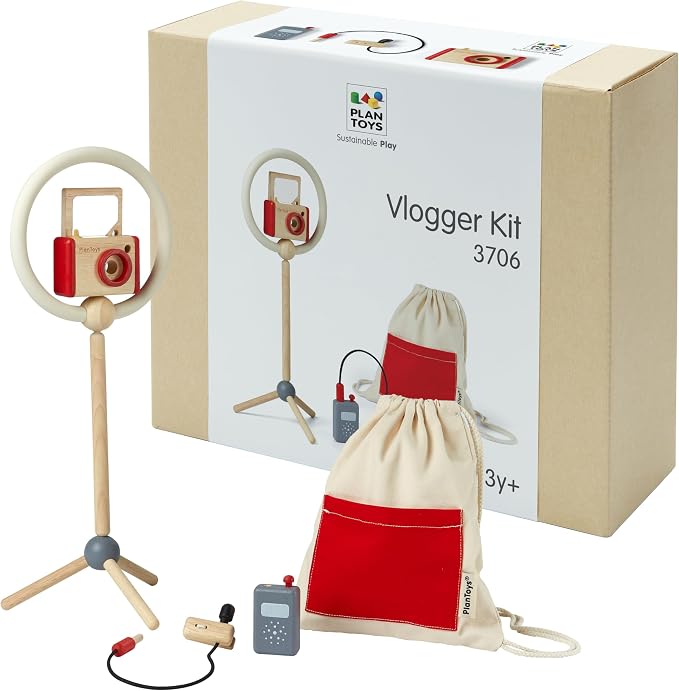 PlanToys® Wooden Pretend Play Video Creator Kit for Kids Vlogger Camera Set | camera ring light tripod, wooden video creator kit, montessori pretend play, vlogger storytelling communication, kids educati