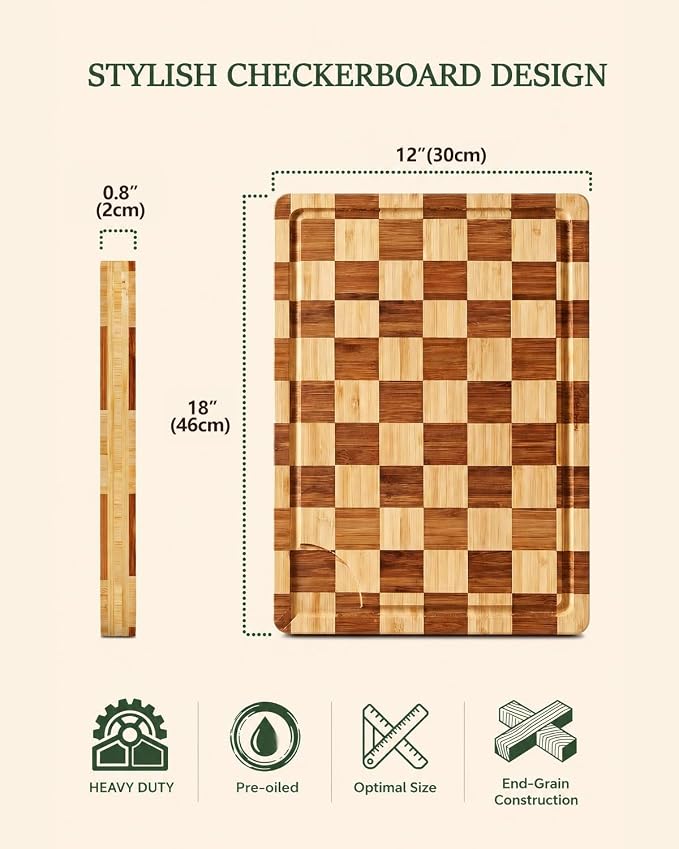 Wood Cutting Board,Heavy Duty End Grain Butcher Block Bamboo Cutting Boards for Kitchen with Deep Juice Grooves and Handles for Meat, Cheese, Charcuterie and Gifting