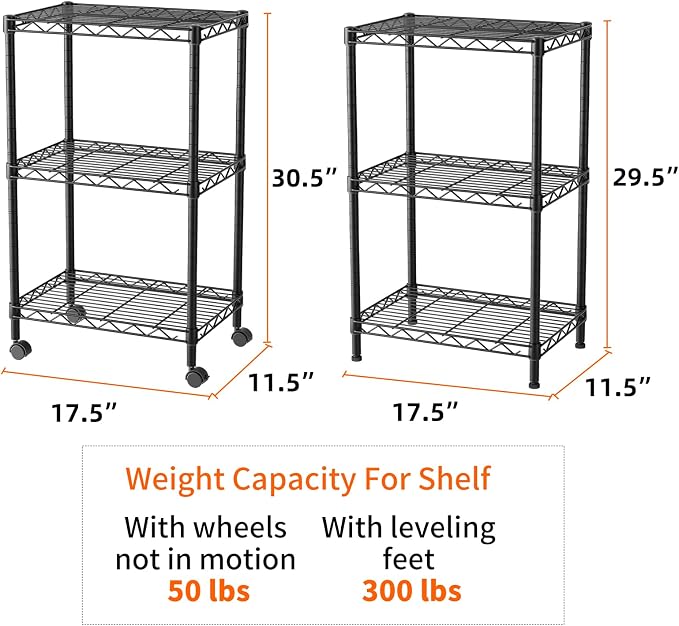 SINGAYE 3 Shelves Storage Shelf Wire Shelving Unit Metal Adjustable Wheels | Small Shelf Storage with Wheels Organizers Closet Unit for Bathroom Laundry Room Kitchen Pantry11.5D x 17.5W x 30.5H Black