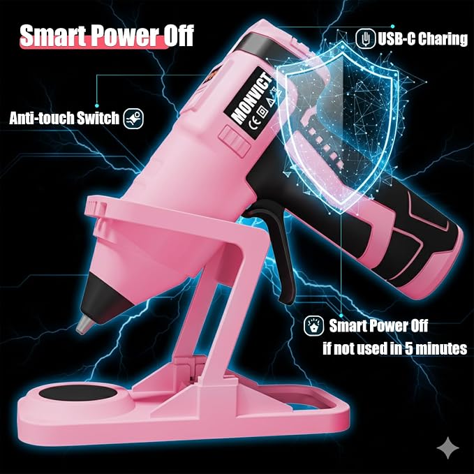 MONVICT Cordless Hot Glue Gun with Holder Base | Digital Display,Adjustable Temp,Smart Auto-Off,Silicone Pad,7.4V 2.6Ah Rechargeable Battery, Full Size,10 Glue Sticks